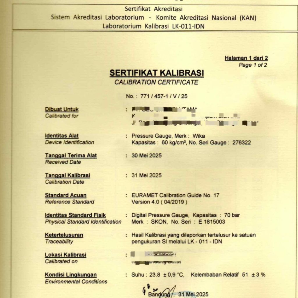 Sertifikat kalibrasi pressure gauge untuk alat drilling dan pengeboran geoteknik proyek Sulawesi dan Jakarta
