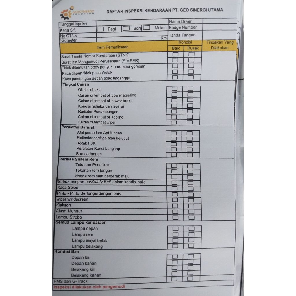 Form assessment LV kendaraan operasional untuk soil investigation Sulawesi dan pekerjaan geoteknik lapangan