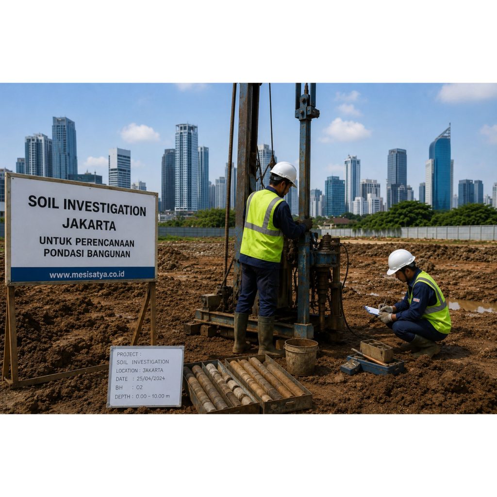 Soil Investigation Jakarta untuk perencanaan pondasi bangunan menggunakan metode borehole drilling dan pengambilan sampel tanah di lokasi proyek konstruksi.