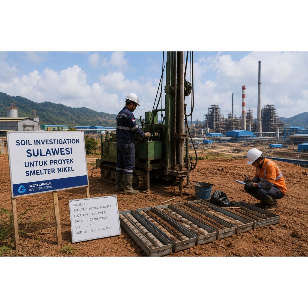 Kegiatan Soil Investigation Sulawesi untuk proyek smelter nikel menggunakan metode borehole drilling dan pengambilan sampel tanah di kawasan industri.
