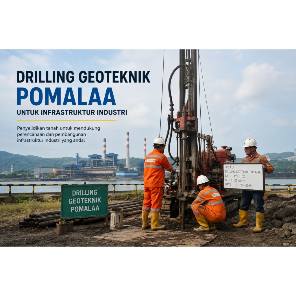Drilling Geoteknik Pomalaa menggunakan rig bor untuk investigasi tanah proyek infrastruktur industri di Sulawesi Tenggara