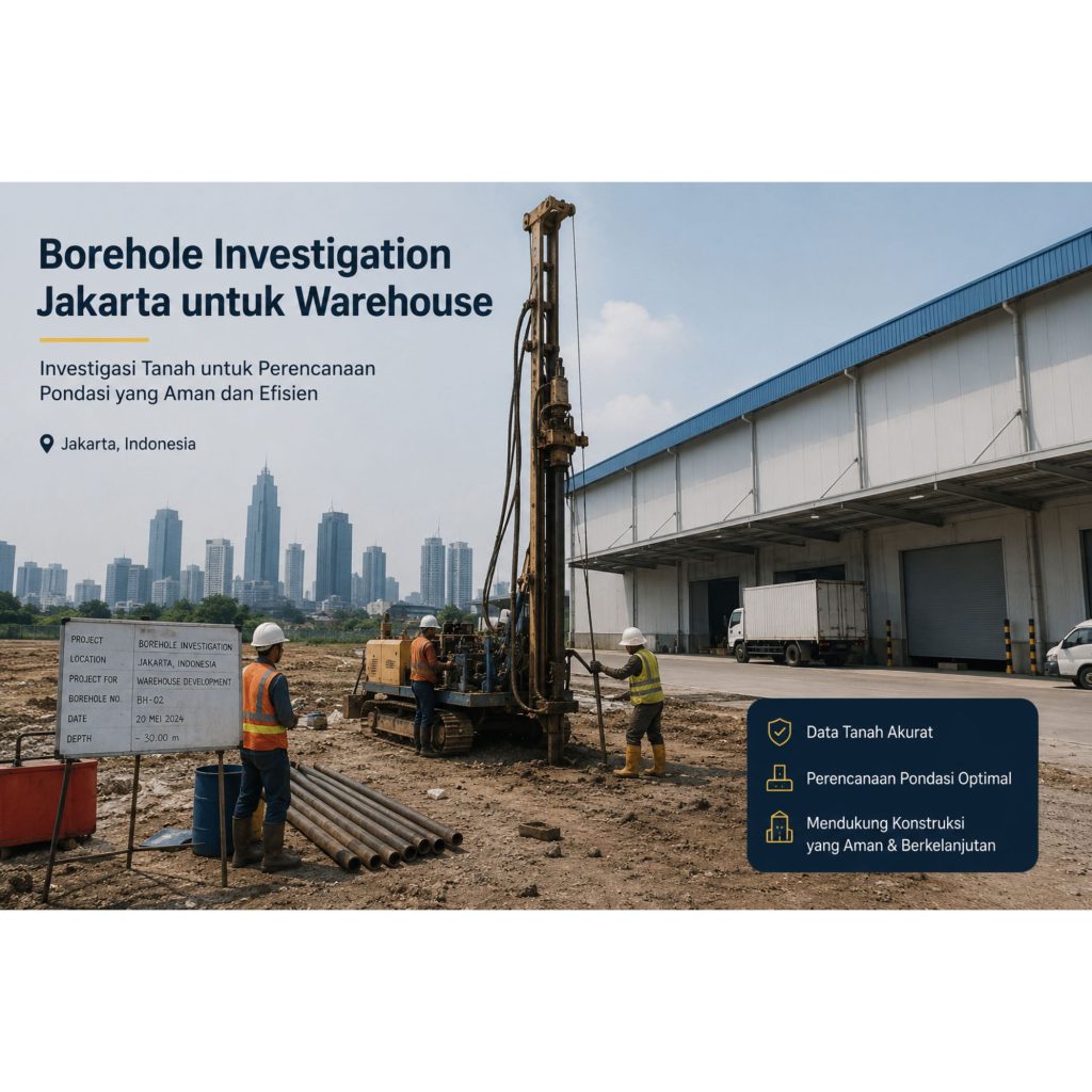 Borehole Investigation Jakarta untuk warehouse menggunakan alat drilling geoteknik di area proyek industri