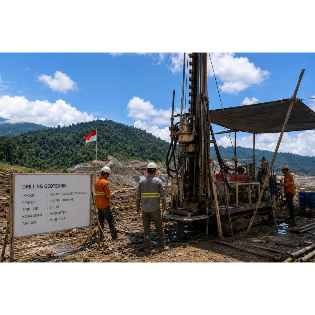 Drilling Geoteknik Konawe di area proyek tambang Sulawesi menggunakan alat borehole rig untuk investigasi tanah