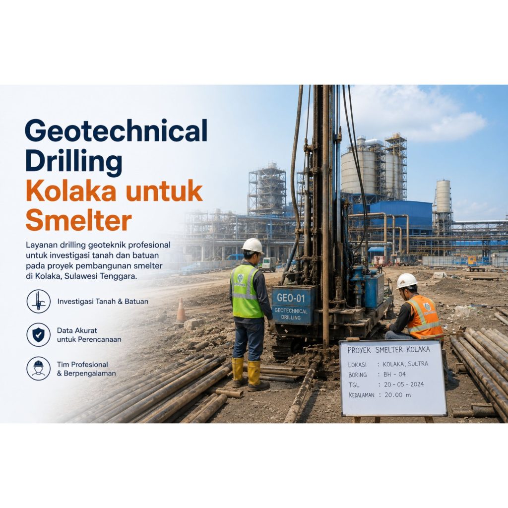 Geotechnical drilling Kolaka untuk proyek smelter nikel dengan aktivitas borehole soil investigation di area industri Sulawesi