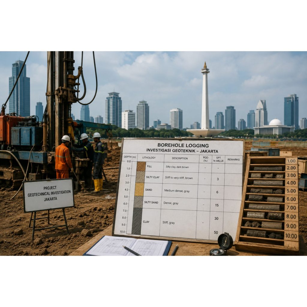 Borehole Logging Jakarta pada pekerjaan Investigasi Geoteknik dan Soil Investigation menggunakan mesin bor geoteknik di lokasi proyek konstruksi.