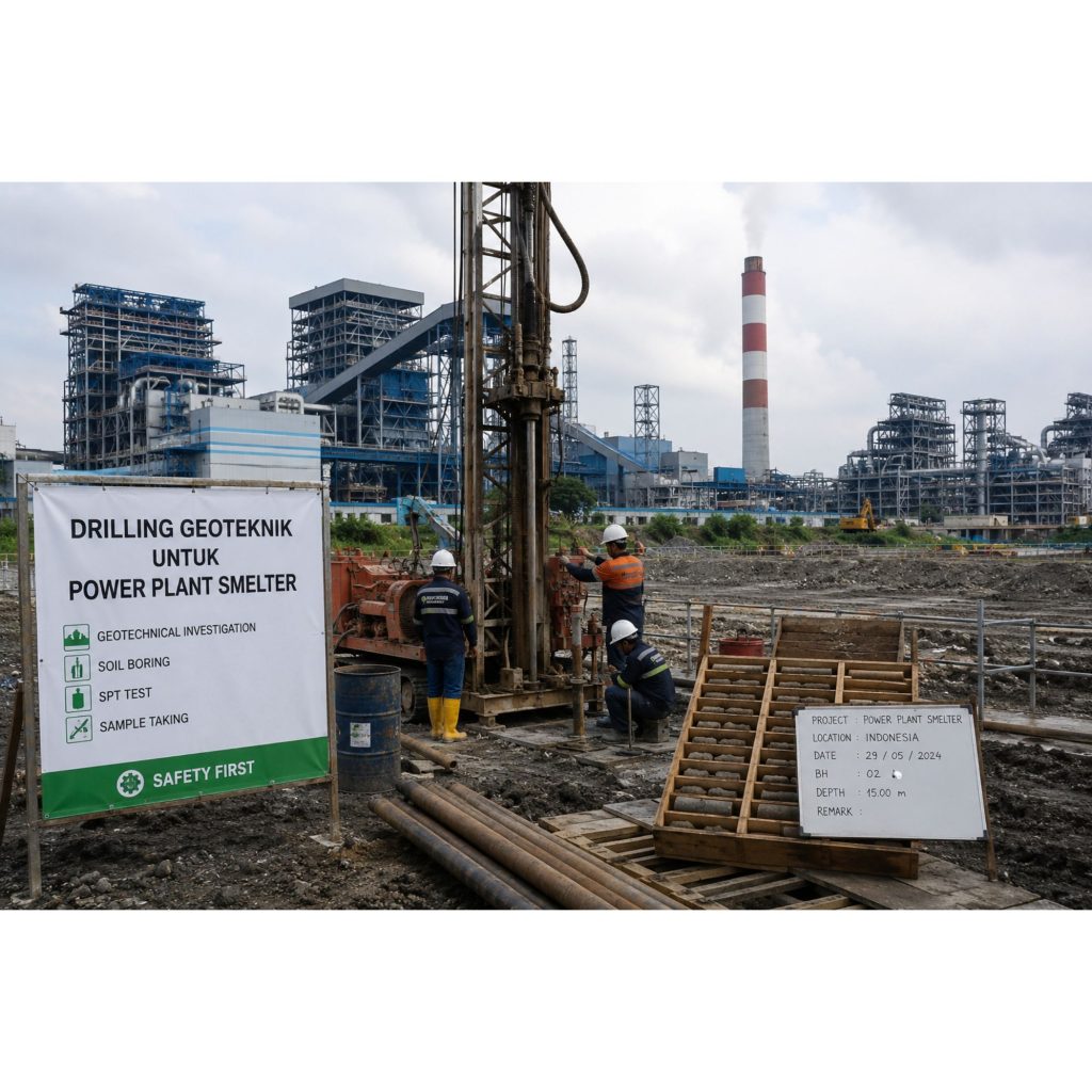 Drilling Geoteknik Power Plant Smelter di Sulawesi menggunakan mesin bor geoteknik untuk pekerjaan Soil Investigation Smelter pada proyek industri.