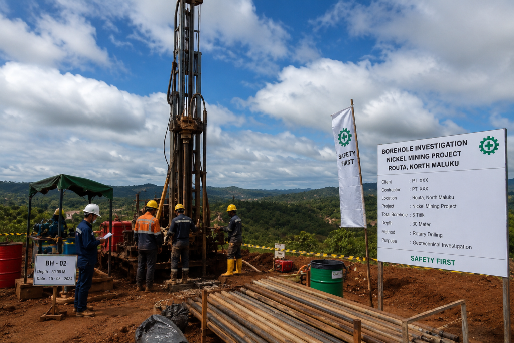 Borehole Investigation Routa untuk Tambang Nikel menggunakan rotary drilling sebagai bagian dari jasa soil investigation dan investigasi geoteknik.