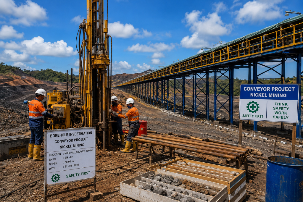Borehole Investigation Conveyor Tambang menggunakan metode rotary drilling untuk investigasi geoteknik dan soil investigation pada proyek conveyor tambang di Sulawesi.