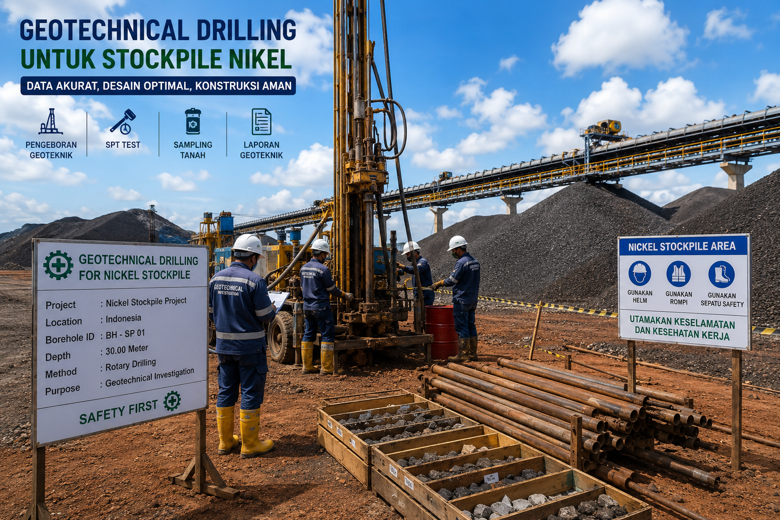 Geotechnical Drilling Stockpile Nikel menggunakan rotary drilling untuk investigasi geoteknik dan soil investigation pada proyek stockpile tambang di Sulawesi.