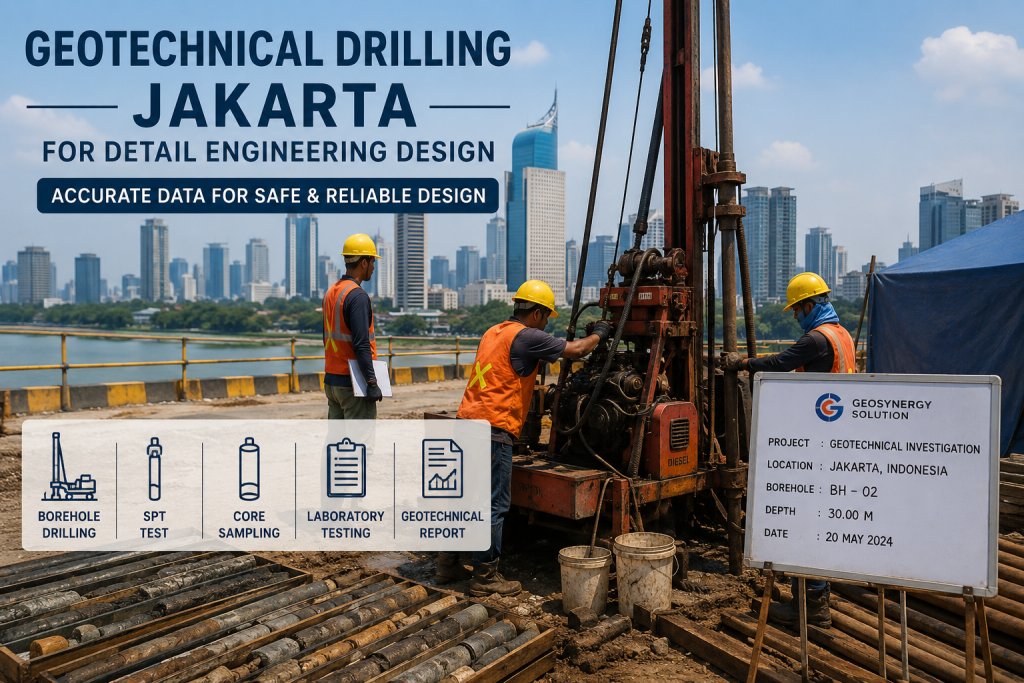 Geotechnical Drilling Jakarta untuk Detail Engineering Design dengan proses borehole drilling, SPT test, dan core sampling pada proyek soil investigation.