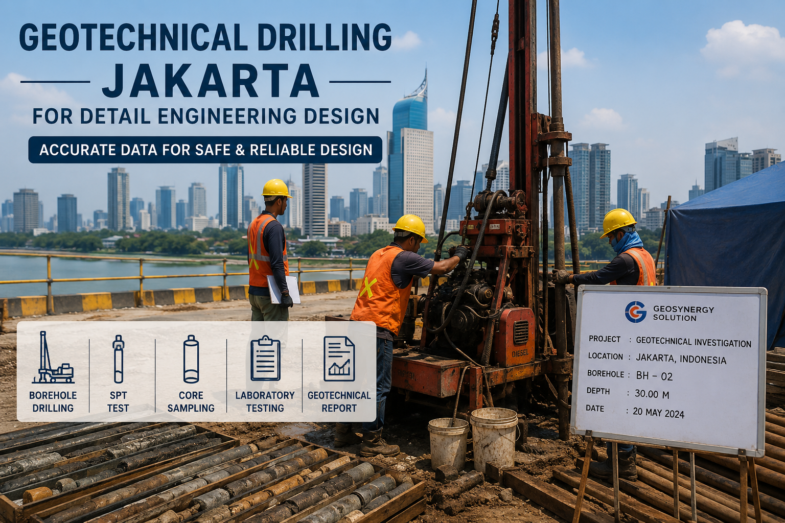 Geotechnical Drilling Jakarta untuk Detail Engineering Design dengan proses borehole drilling, SPT test, dan core sampling pada proyek soil investigation.