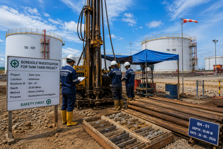 Borehole Investigation Tank Farm menggunakan metode rotary drilling untuk soil investigation dan investigasi geoteknik pada proyek pembangunan tangki penyimpanan di Indonesia.
