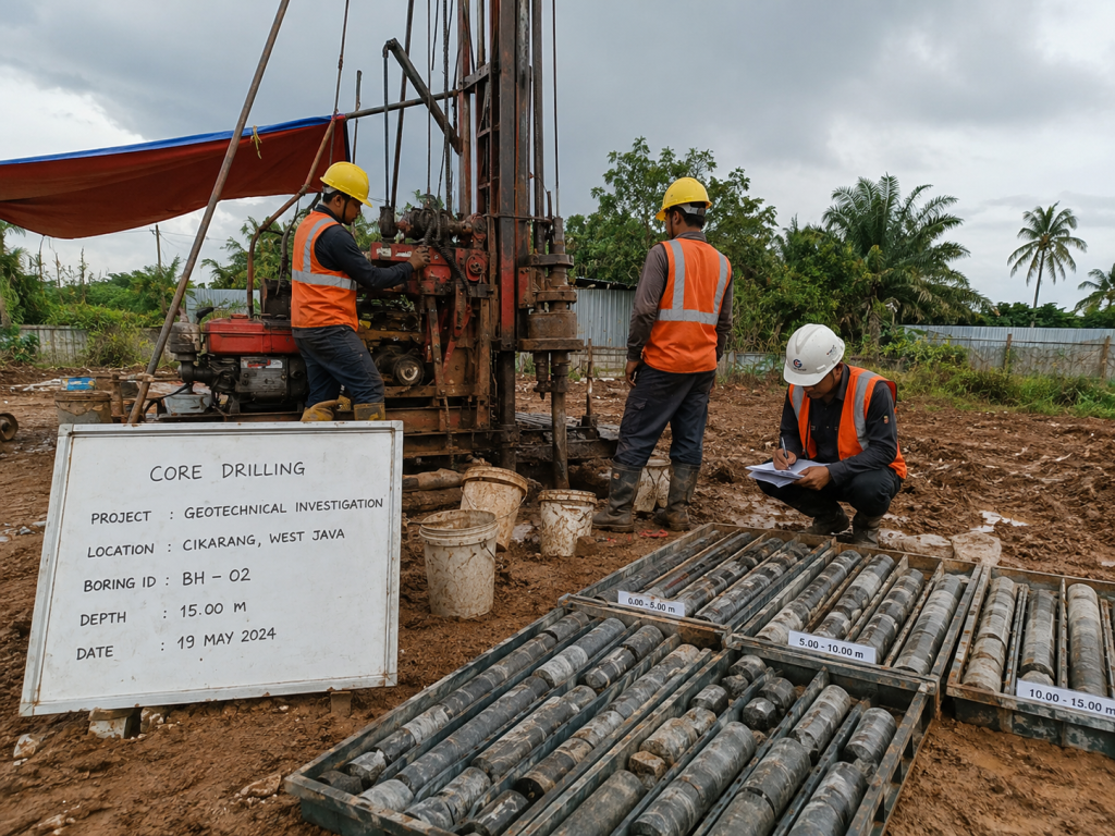 Pengambilan sampel tanah dengan Core Drilling pada proyek Soil Investigation menggunakan drilling rig untuk memperoleh sampel tanah dan batuan yang akurat sebagai dasar analisis geoteknik.