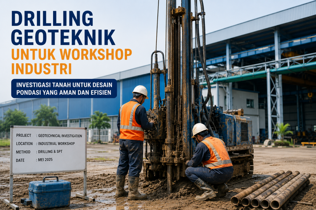 Drilling Geoteknik untuk Workshop Industri menggunakan mesin borehole sebagai bagian dari Soil Investigation sebelum pembangunan fasilitas industri di Sulawesi.