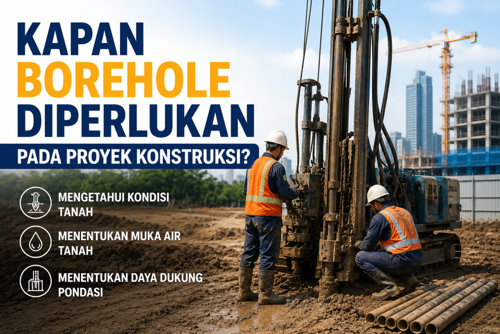 Kapan Borehole Diperlukan pada Proyek Konstruksi dengan proses Borehole Investigation menggunakan mesin bor tanah pada proyek pembangunan di Jakarta.