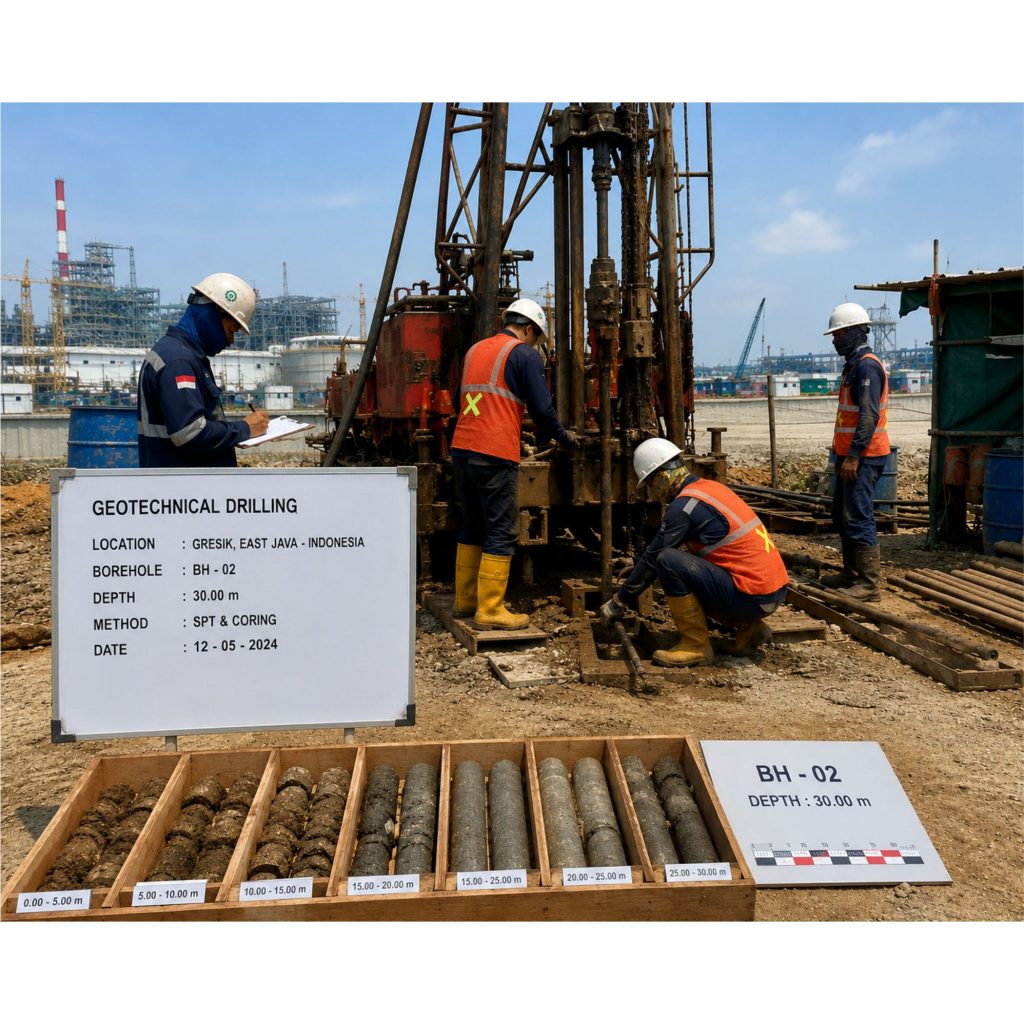 Standar ASTM dalam Drilling Geoteknik pada pekerjaan soil investigation menggunakan mesin bor geoteknik di proyek konstruksi Indonesia.