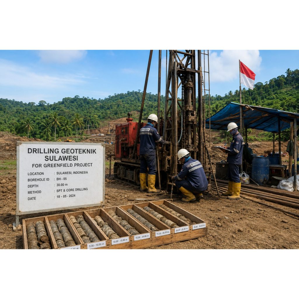 Drilling Geoteknik Sulawesi untuk Greenfield Project menggunakan mesin bor geoteknik sebagai bagian dari pekerjaan soil investigation di kawasan industri.