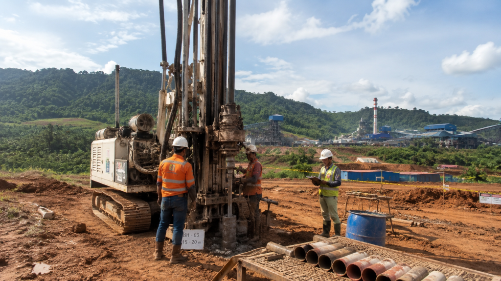 Drilling geoteknik Sulawesi Tenggara menggunakan drilling rig crawler untuk soil investigation pada proyek tambang nikel dan kawasan industri.