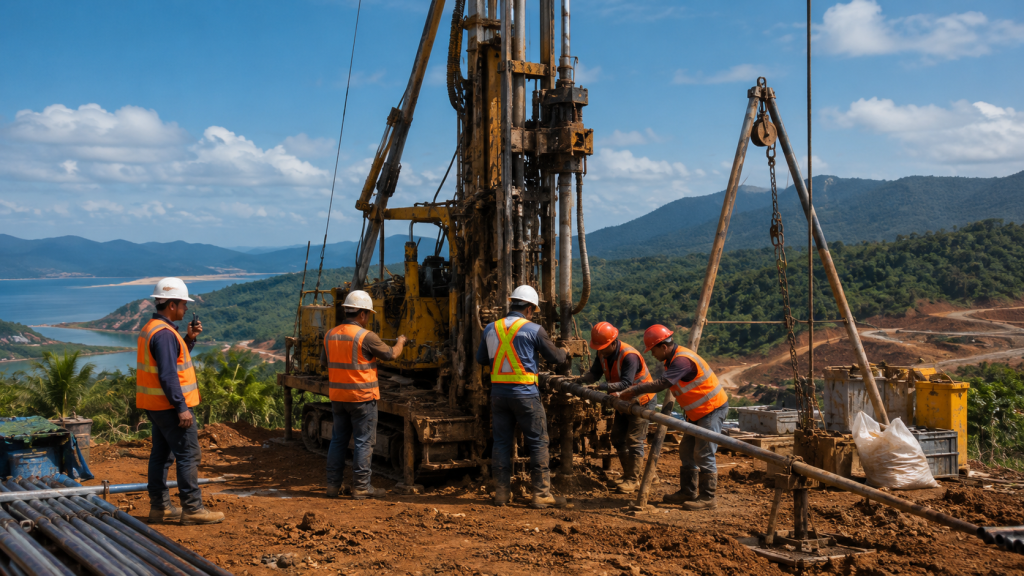 Geotechnical Drilling Sulawesi untuk soil investigation pada proyek tambang dan smelter menggunakan drilling rig geoteknik.