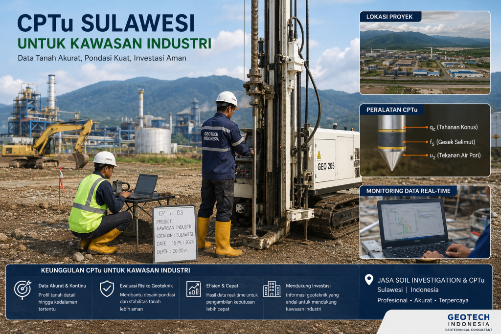 Kegiatan CPTu Sulawesi untuk kawasan industri menggunakan alat Piezocone Penetration Test dalam proses soil investigation untuk proyek pabrik dan smelter.