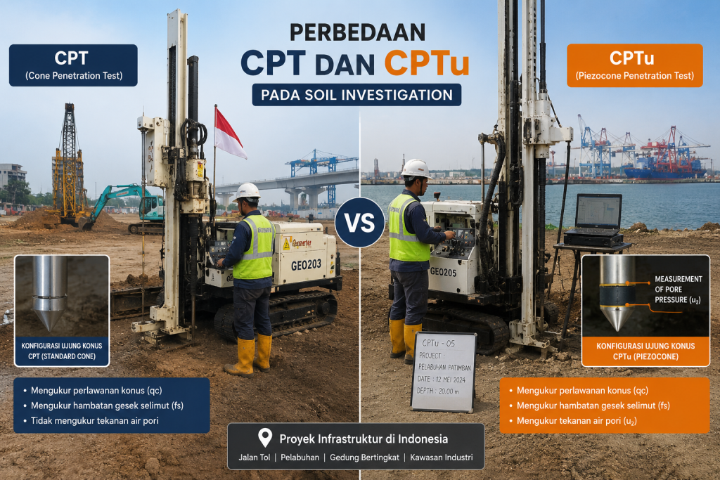 Perbedaan CPT dan CPTu pada soil investigation di proyek konstruksi Indonesia menggunakan metode Cone Penetration Test dan Piezocone Penetration Test.