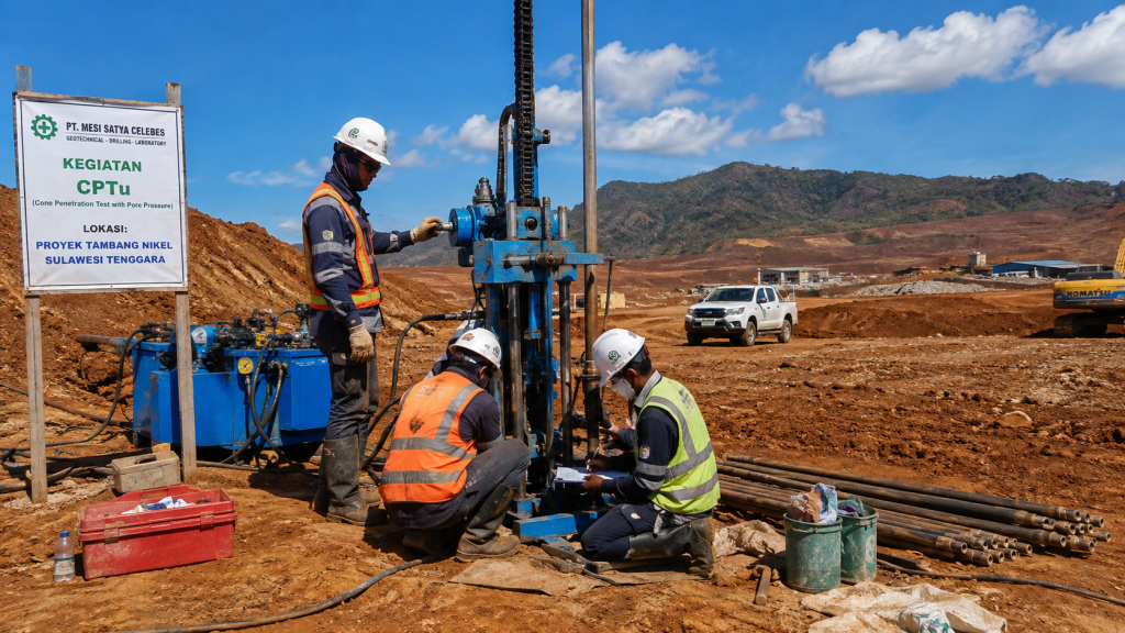 Tim geoteknik melakukan pengujian CPTu pada proyek tambang nikel di Sulawesi Tenggara