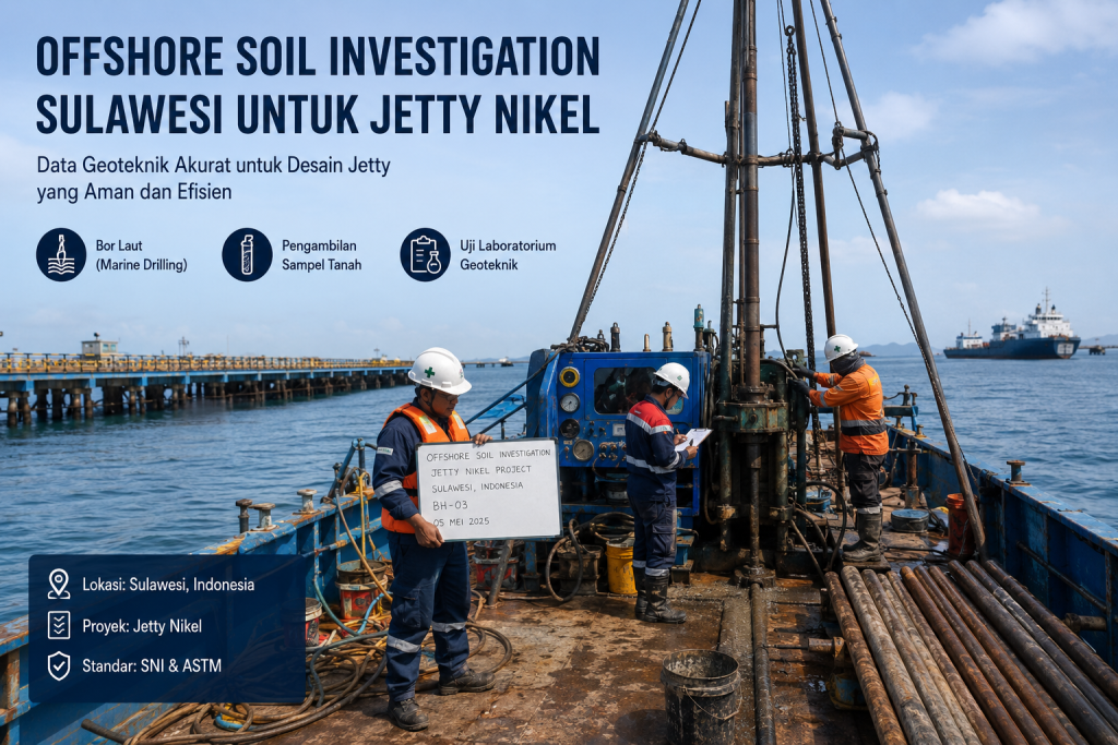 Offshore Soil Investigation Sulawesi untuk Jetty Nikel dengan drilling geoteknik di atas barge