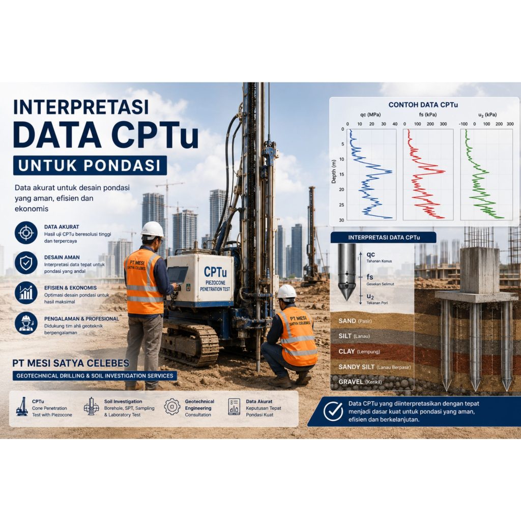 Interpretasi Data CPTu untuk Pondasi menggunakan pengujian CPTu pada proyek Soil Investigation di Jakarta oleh PT Mesi Satya Celebes.