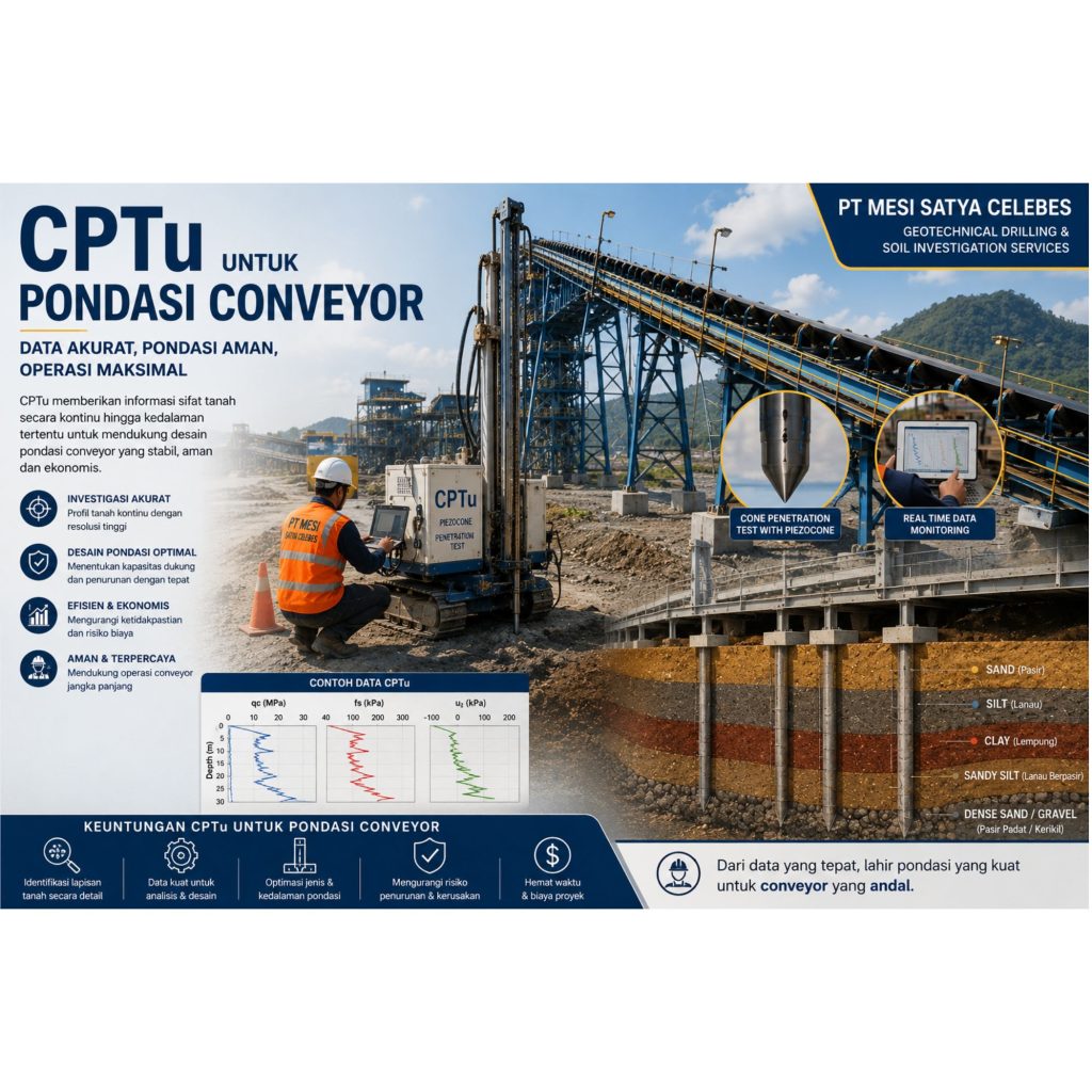 Pengujian CPTu untuk pondasi conveyor pada proyek Soil Investigation di Sulawesi menggunakan Cone Penetration Test with Piezocone oleh PT Mesi Satya Celebes.