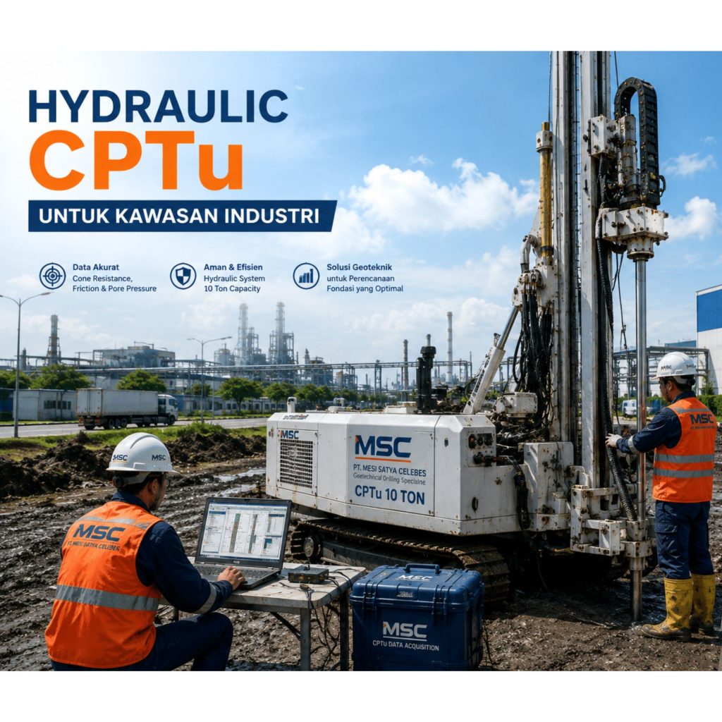 Hydraulic CPTu untuk Kawasan Industri menggunakan CPTu 10 Ton PT Mesi Satya Celebes sebagai layanan soil investigation di Sulawesi.