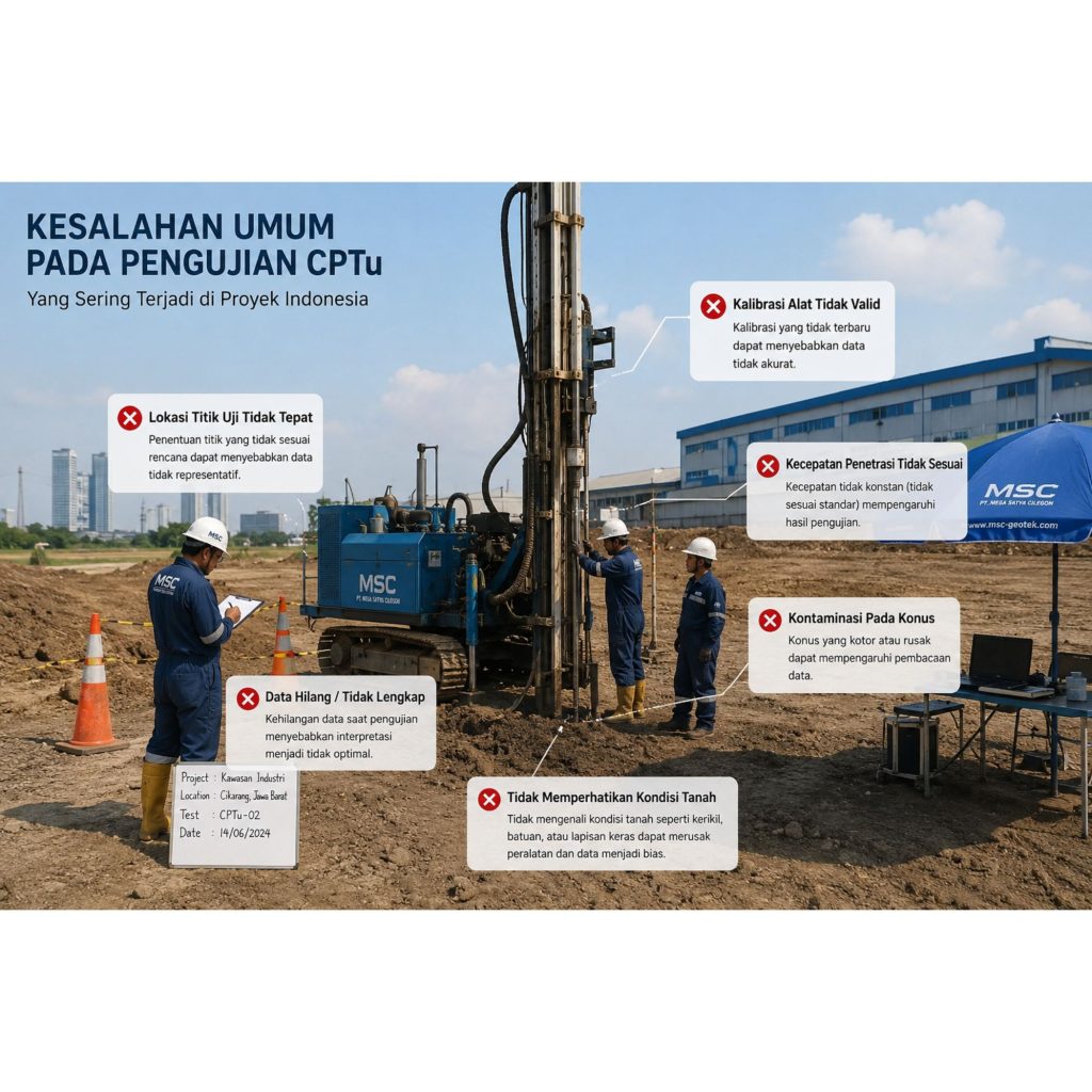 Pengujian CPTu pada proyek soil investigation di Jakarta yang menunjukkan kesalahan umum dalam pelaksanaan CPTu