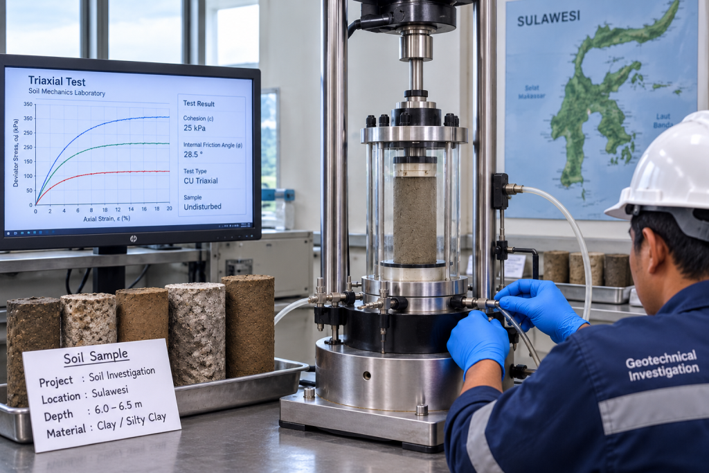 Uji Triaxial untuk Soil Investigation Sulawesi di laboratorium geoteknik